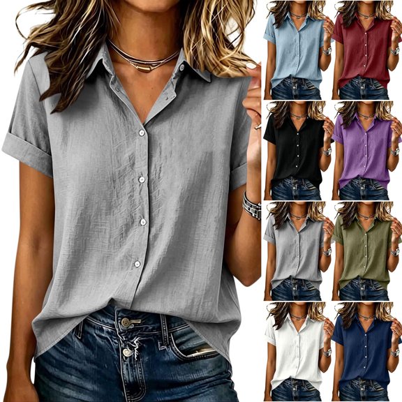 HongQid Women's Collared Short Sleeve Full Button Down Shirt Lightweight Cotton Linen Casual Shirt Solid Short Sleeve Blouse