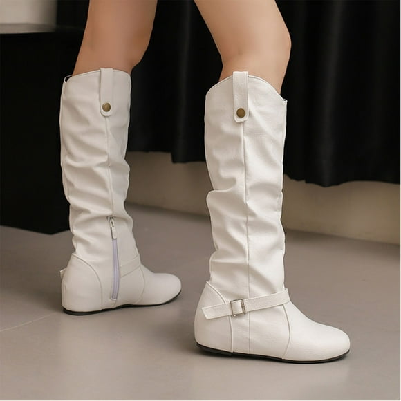 Fankiway Women's Knee High Boots for Women Slouchy Fit Hidden Wedge Heel Buckle & Button Winter Boots White