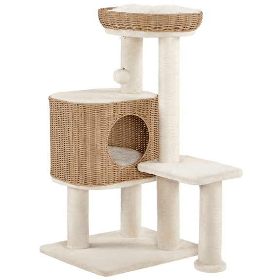Renwick 36" Tall Rattan Cat Tree with Natural Sisal Scratching Post, Beige