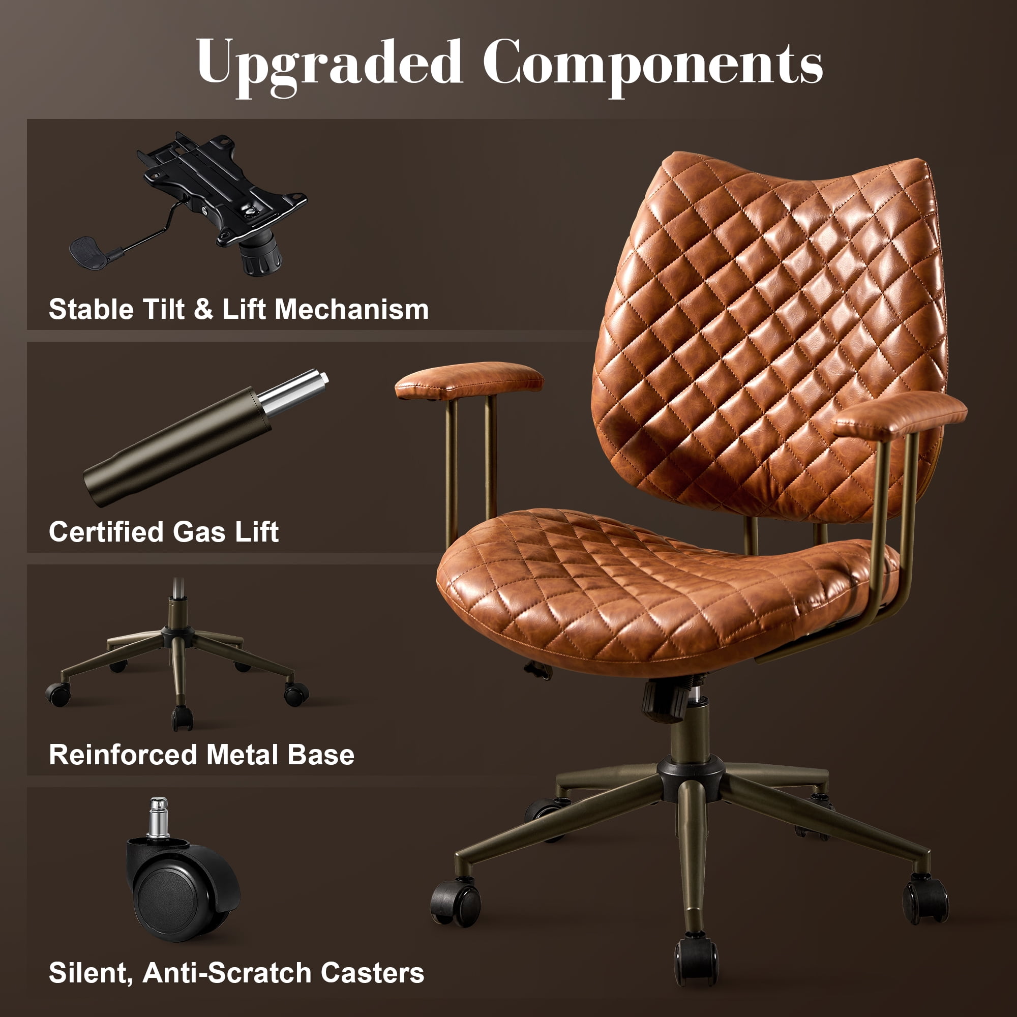 Toject Office Chair, Executive Desk Chair with Lumbar Support, Comfy Office Chair Adjustable Height Rolling Swivel Chair, Computer Chair Task Chair for Office Area, PU Leather, Brown