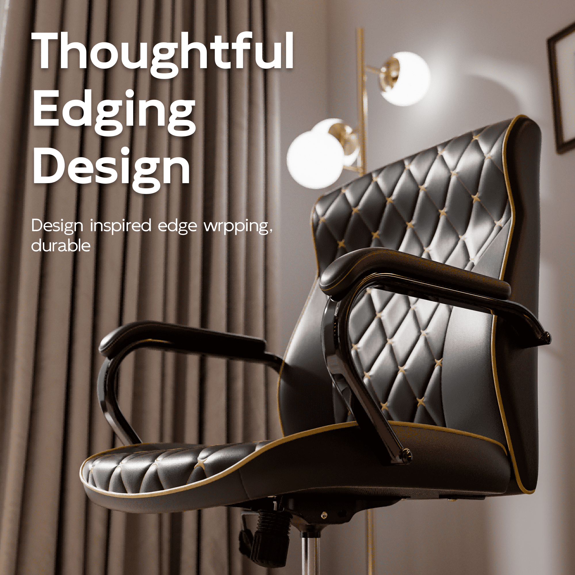 HomeZeer Black Office Chair with Wheels, Ergonomic High Back Executive Desk Chair with Padded Arms, Modern PU Leather Embroidery Computer Chair with Rocking Function