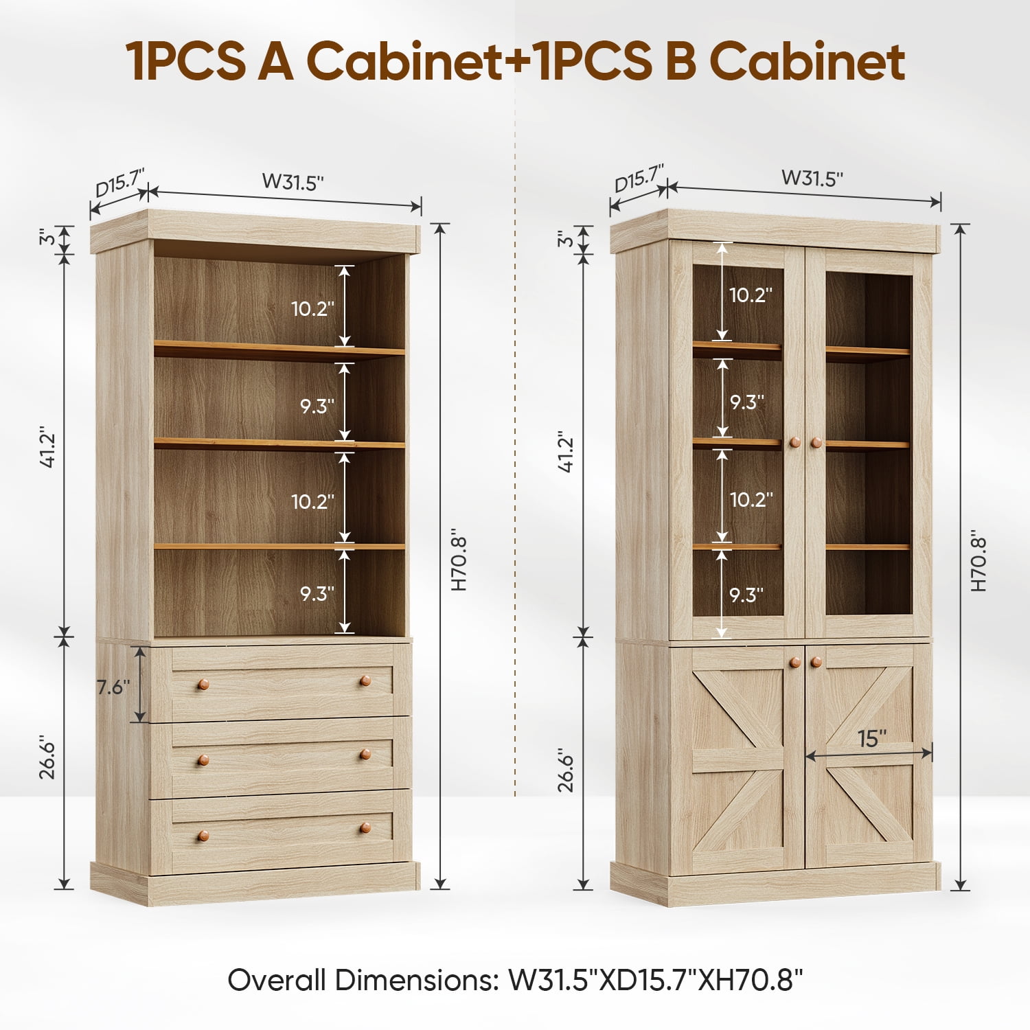 71" Tall Farmhouse Pantry Cabinet,Large Storage Cabinet with Glass Doors, Adjustable Shelves ,3 Drawer,Wood Versatile Hutch Cabinet for Dining Room,Living Room,Brown,3 Pcs