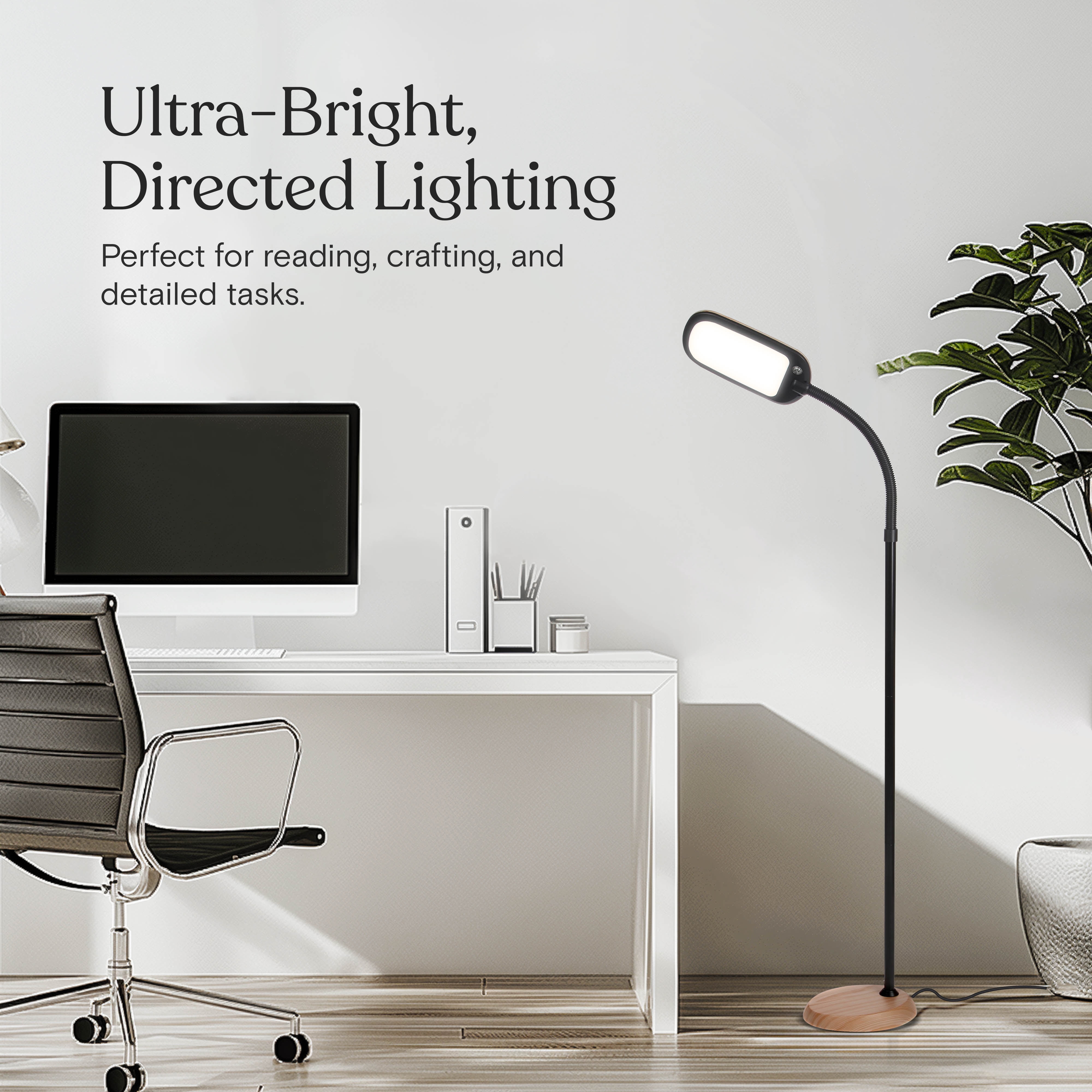Brightech Litespan Slim LED Lamp, Modern Floor Reading Lamp Over Chair for Living Rooms & Offices, Tall Lamp with Adjustable Gooseneck, Crafts Work Light, Dimmable Standing Lamp for Bedroom - Wood