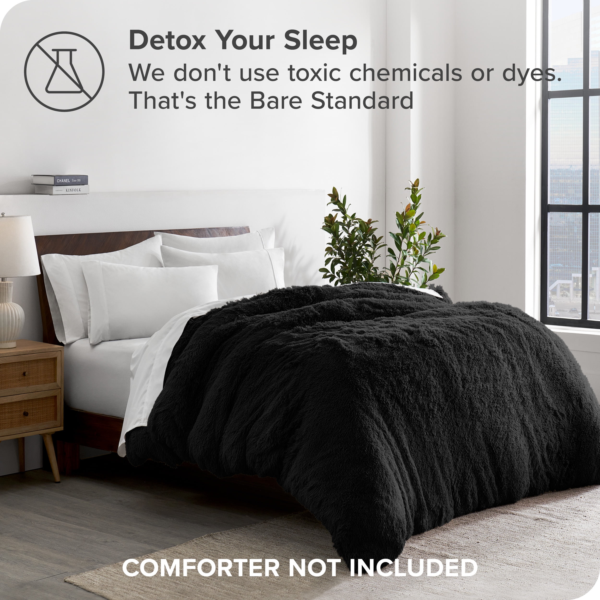 Bare Home Shaggy Faux Fur Duvet Cover - Ultra Soft - Fluffy Crystal Velvet - Queen, Black