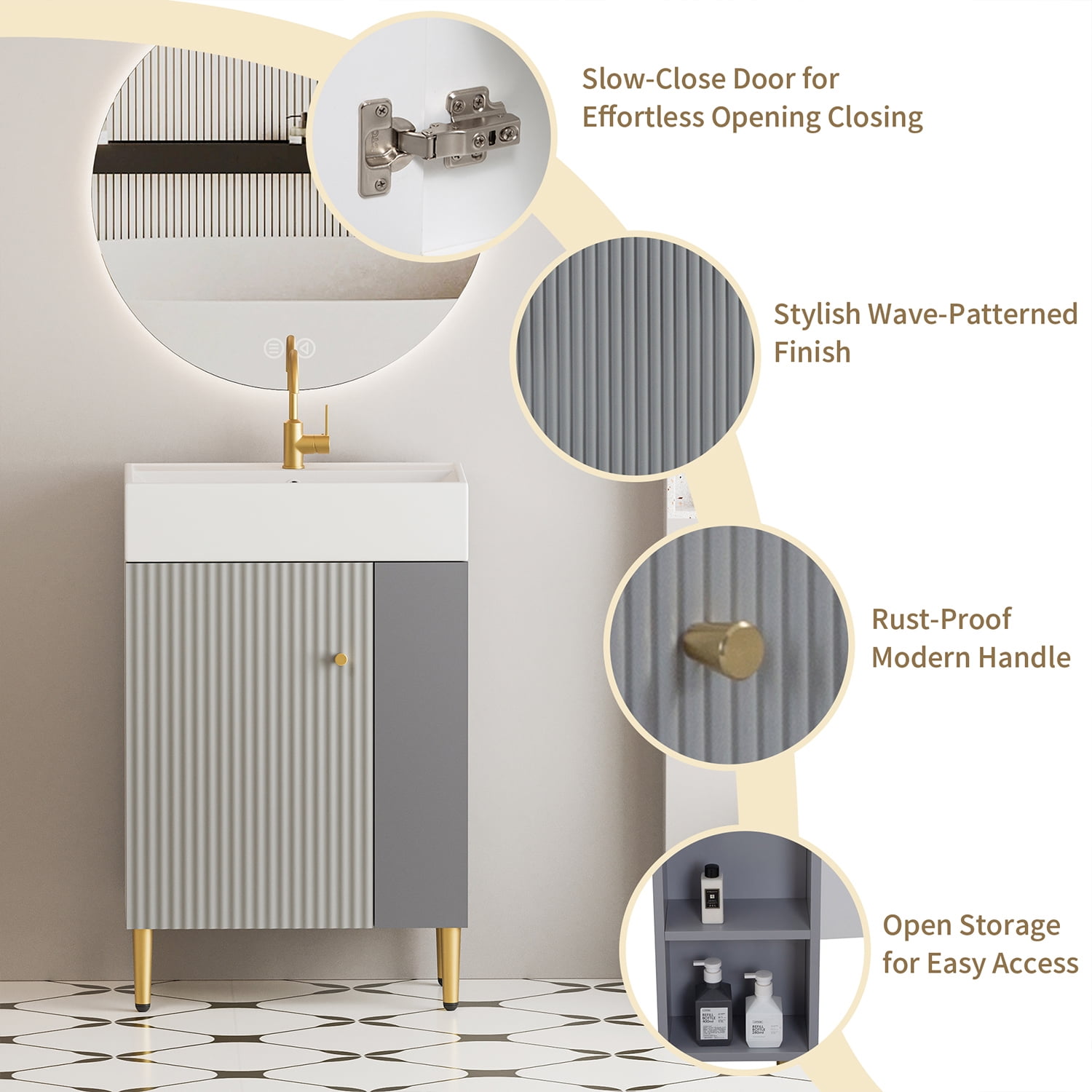 Demi Bonn 21" Bathroom Vanity with Ceramic Sink and Soft-Closing Door, Cloakroom Open Shelf Storage Cabinet on the Right Side, Faucets and Drains Not Included, Gray