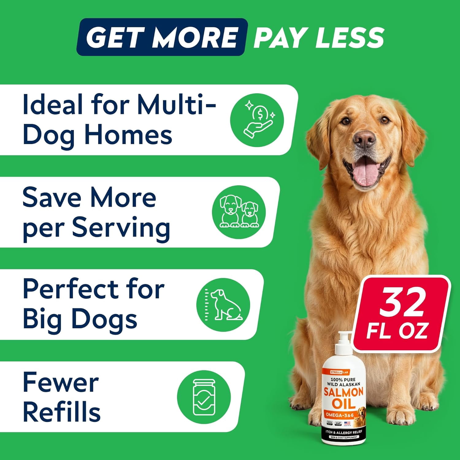 StrellaLab 32 OZ Salmon Oil for Dogs - Omega 3 Fish Oil for Dogs & Cats, Itch & Allergy Relief, Wild Alaskan Salmon Oil Dogs Skin & Coat, Dog Fish Oil Liquid,Shedding Support EPA&DHA Fatty Acids