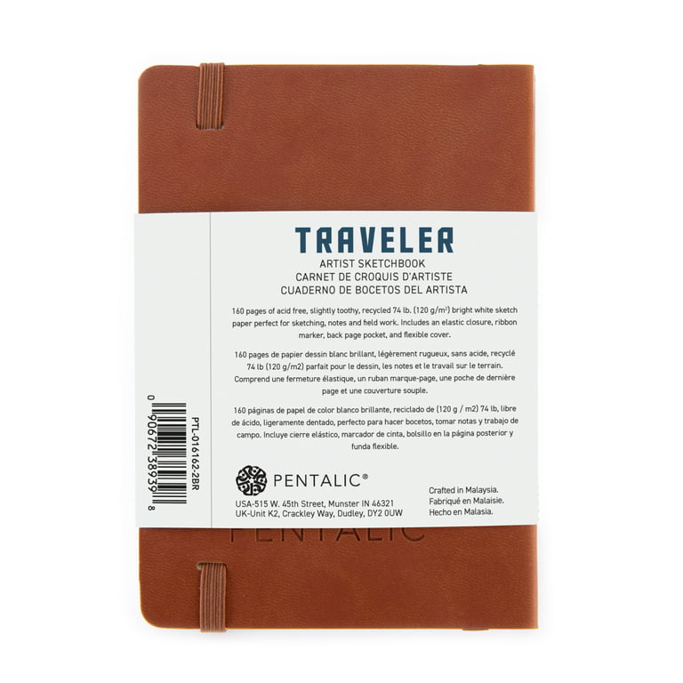 Pentalic - 4x 6 Brown Traveler Pocket Artist Drawing Journal, 160 Pages,  74 lb. Paper 
