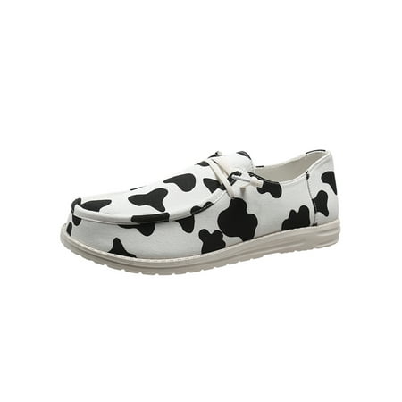 

UKAP Ladies Flats Flat Walking Shoes Comfort Canvas Loafers Non-slip Slip On Casual Shoe Womens Low Top Round Toe Black White Spot 8.5
