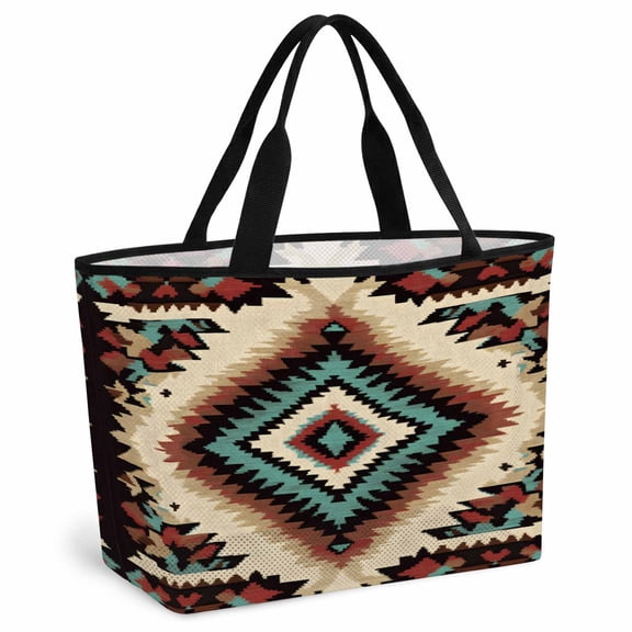 Brown Teal Red Boho Beach Bag for Women,Large Breathable Mesh Beach Tote Bag,Southwestern Retro Geometric Abstract Sandproof Lightweight Travel Bags for Vacation Picnic Swimming Pool 15.7"x15.7"x9.1"