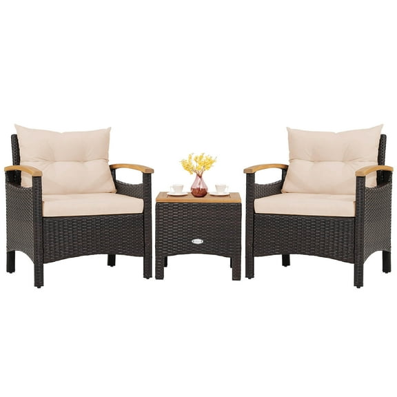 Gymax Set of 3 Rattan Furniture Set Wooden Armrest Table Top Cushioned Deck Patio