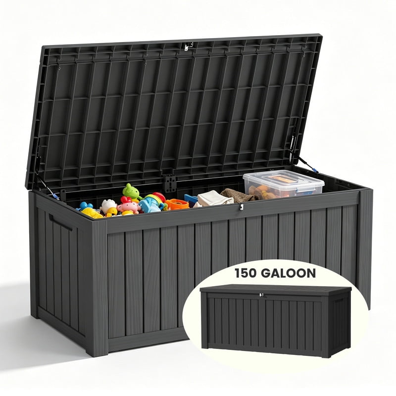 Decksplore Outdoor Storage Box, 150 Gallon Waterproof Deck Box, Heavy-Duty Pool Storage Bins Outdoor Waterproof, Black