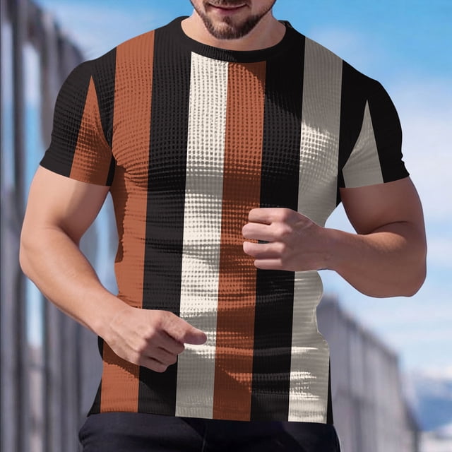 Ceisia Men's Summer Casual Slim Fit Crew Neck Short Sleeve T-Shirt Multi-Color Vertical Striped Waffle Knit Stretch Fabric Brown L Gifts