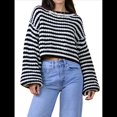 thumbnail image 2 of Suéter Vintage A Rayas para Mujer, Cuello Redondo, Larga, Corte en Bloque de Color, Informal, Holgado, de Punto Negro S, 2 of 9