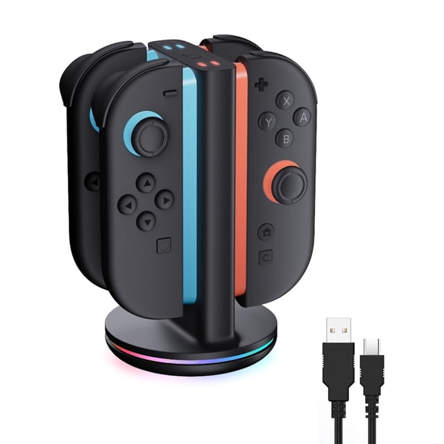 Estación de Carga 4 en 1 para Controles Joy-con Nintendo Switch 2 Joycon Charging Grip Base Cargador RGB con Indicadores LED Rapido y Seguro + Cable USB C