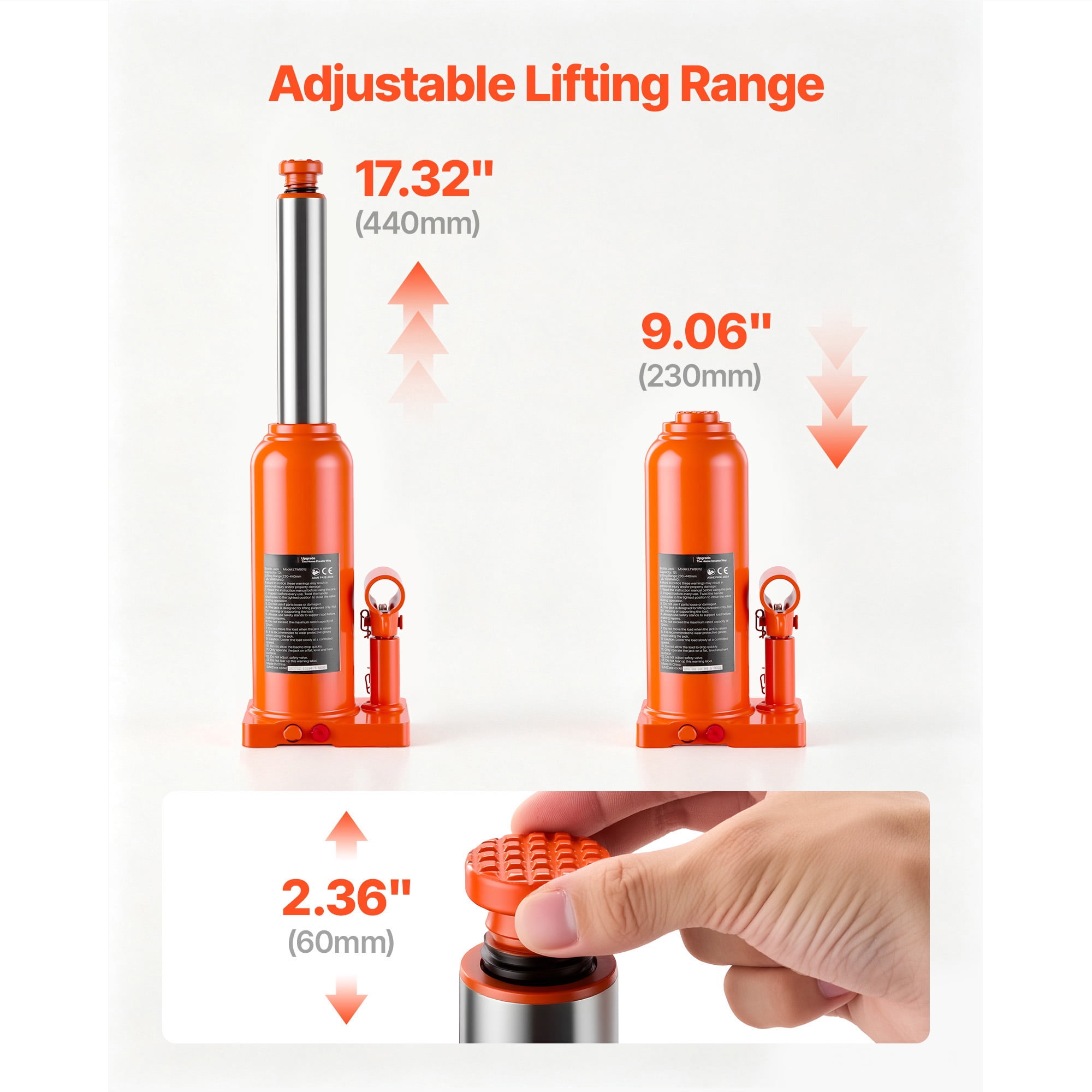 KFFKFF Hydraulic Bottle Jack 12 Ton Capacity, 9.06"-17.32" Adjustable Lifting Range,Suitable for Pickup Trucks,Medium-Duty Vehicles, RVs,Durable Multi-Directional Jack with Extended Handle