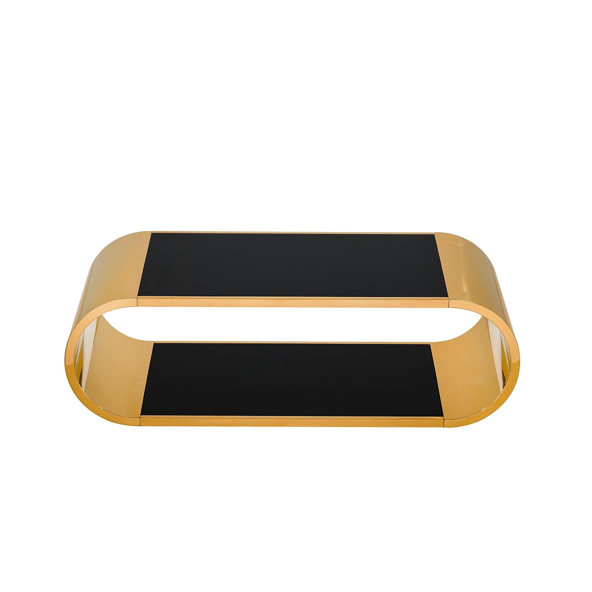 Shikeyi 57" Modern Oval Coffee Table with Gold Stainless Steel Base, 2-Tier Black Tempered Glass Top, Luxury Curved Center Table for Living Room, Home Office, Apartment, Unique Glam Decor