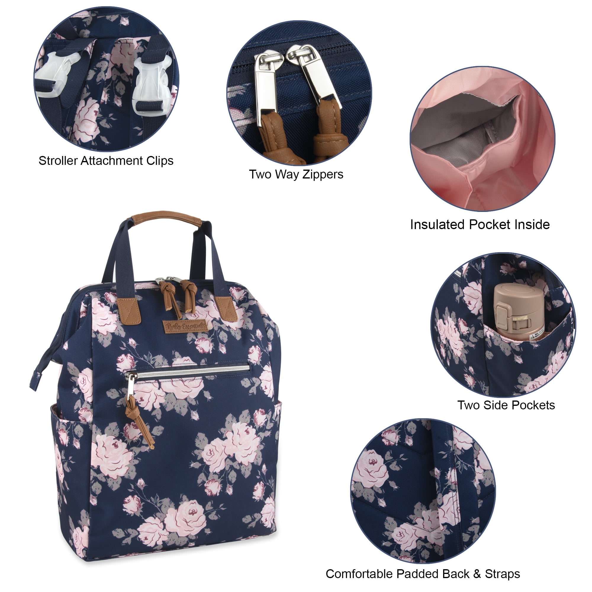 Baby Essentials Super Cooler Main Frame Dual Zipper Closure Diaper Bag Backpack Tote with Matching 6-Ply Changing Pad, Insulated Bottle Pocket and Stroller Straps in Navy Blue Floral
