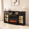 thumbnail image 2 of IVV Retro Fireplace TV Stand for Up to 70" TVs, 58 Inch Media Console with 24" 3-Sided Glass Insert & Lattice Glass Doors, Open Shelf & 2 Drawers, 1400W Heater, Remote Control Included, Black Oak, 2 of 7