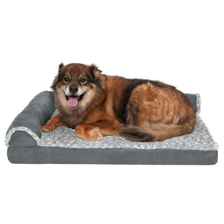 UPC: 0842229107425 | FurHaven Pet Products Two-Tone Faux Fur & Suede Deluxe L-Chaise Memory Top Sofa-Style Pet Bed for Dogs & Cats – Stone Gray Large