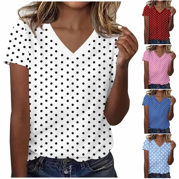 Miluxas Women's Polka Dots Print V Neck T Shirts Casual Short Sleeve Tee Shirt Lightweight Top for Summer Daily Wear White