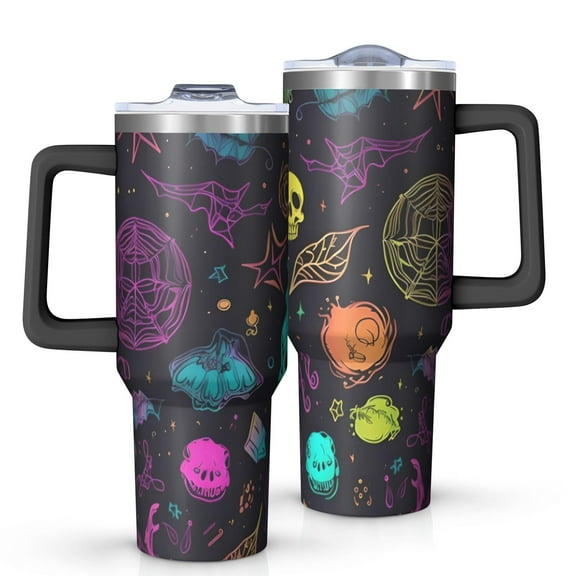Neon Halloween Pattern Tumbler with Handle and Lid,40oz Double Wall Vacuum Insulated Tumbler,Cups Gift for Women and Men