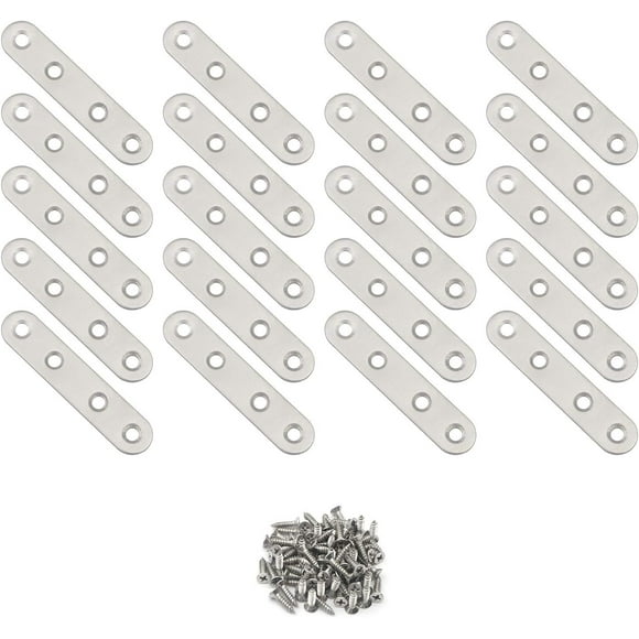 3 inch 4 Holes Stainless Steel Flat Mending Repair Plate Bracket Connector, Flat Straight Brace Fixing Repair Plated Joint Bracket Pack of 20 Silver 3 Inch