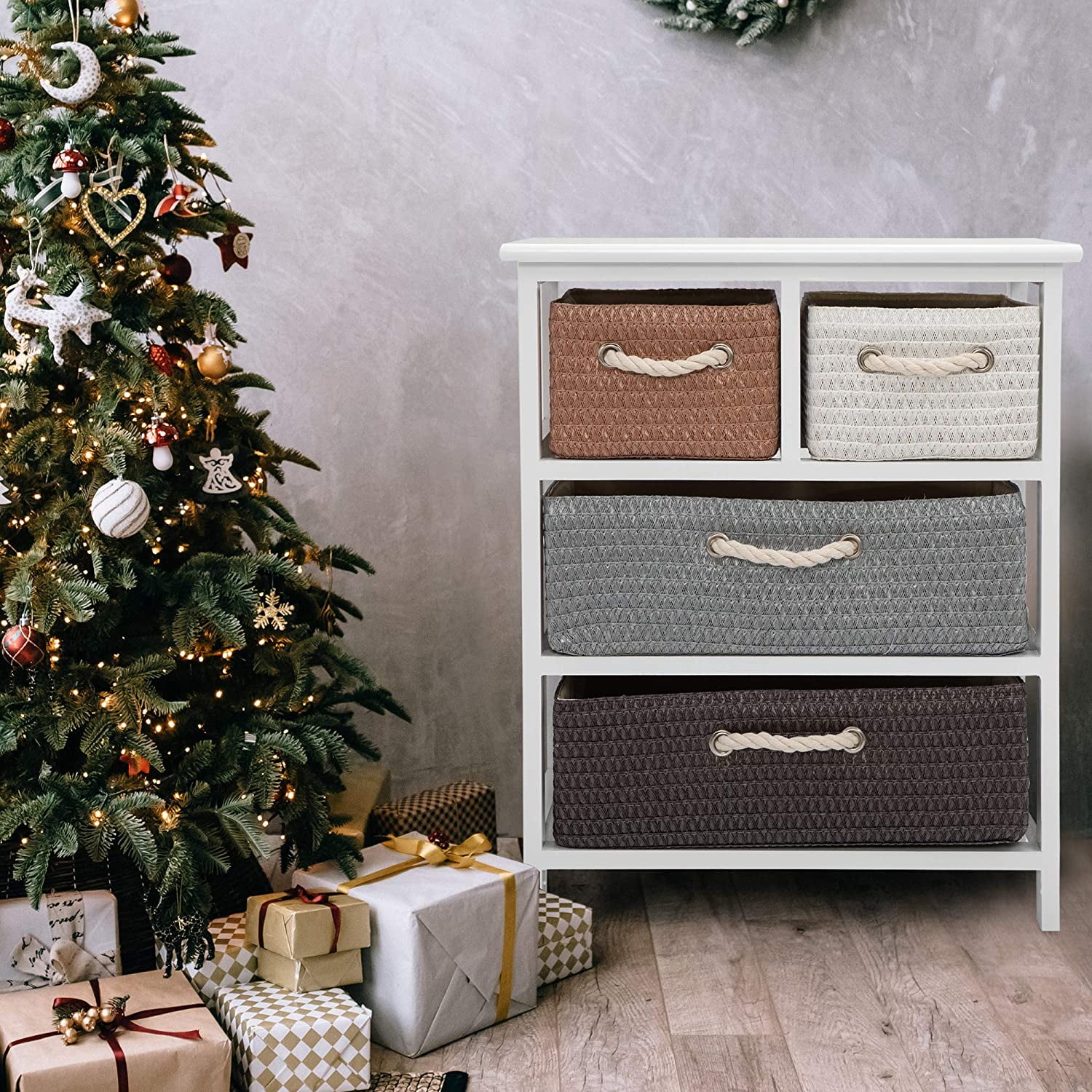 Lowestbest Wood Nightstand, Storage Table with 4 Woven Basket, Storage Unit Rack Shelf, White Lowestbest Wood Nightstand, Storage Table with 4 Woven Basket, Storage Unit Rack Shelf, White