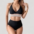 thumbnail image 2 of Women's High Waist Bikini Set with Crochet Waistband and Halter V Neck Top - Medium, Black, 2 of 7