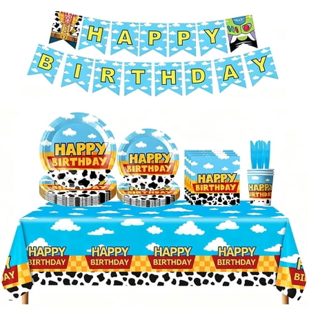 116Pcs Cartoon Story Birthday Party Supplies with Tablecloths Banner Flags Paper Plates Cups Napkins Forks for Baby Shower Cartoon Story Party Decorations