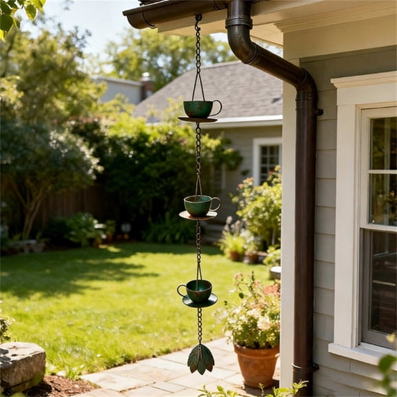 Vintage Teacup Shape Rain Chain 37.01 Inch Patina Green Metal Rain Diverter For Garden Patio And Home Decor