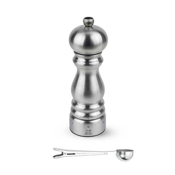 Peugeot Paris Chef u'Select Stainless Steel Pepper Mill - With Stainless Steel Spice Scoop/Bag Clip (7 -Inch, Pepper Mill)