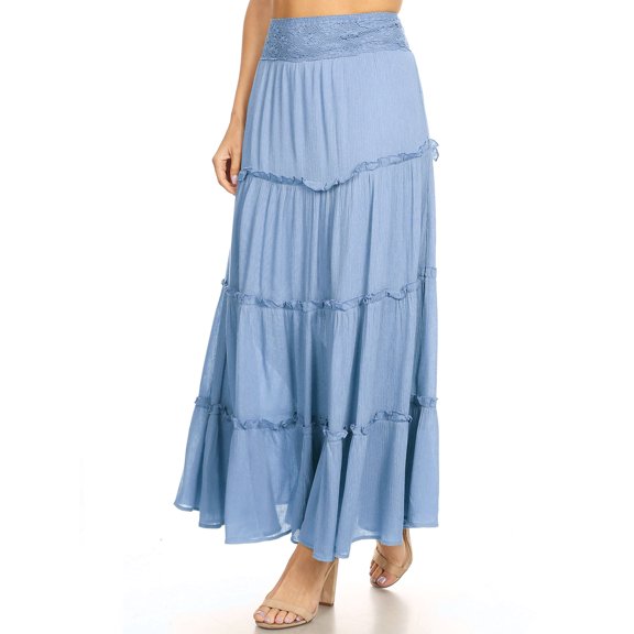 Womens Bohemian Gypsy Long Elastic Waist Maxi A-Line Tiered Skirt
