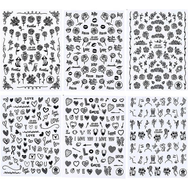 Flower Nail Stickers,Black Rose Nail Art Stickers Decals 3D Self-Adhesive Nail Art Supplies 8 Sheets Flower Abstract Face Unicorn Valentine Nail Art D