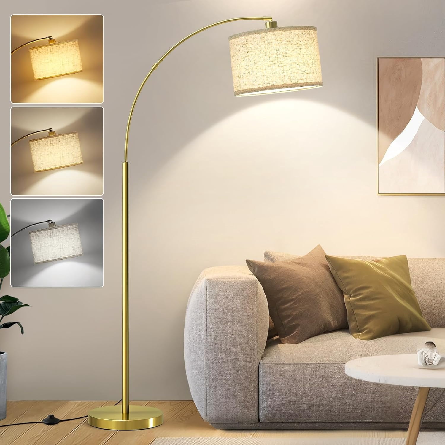 Arc Floor Lamp, 71" Tall Standing Lamp with On/Off Foot Switch, Gold Floor Lamp for Living Room with Adjustable Drum Lampshade, Over Couch Arched Reading Light for Reading, Bedroom, Office
