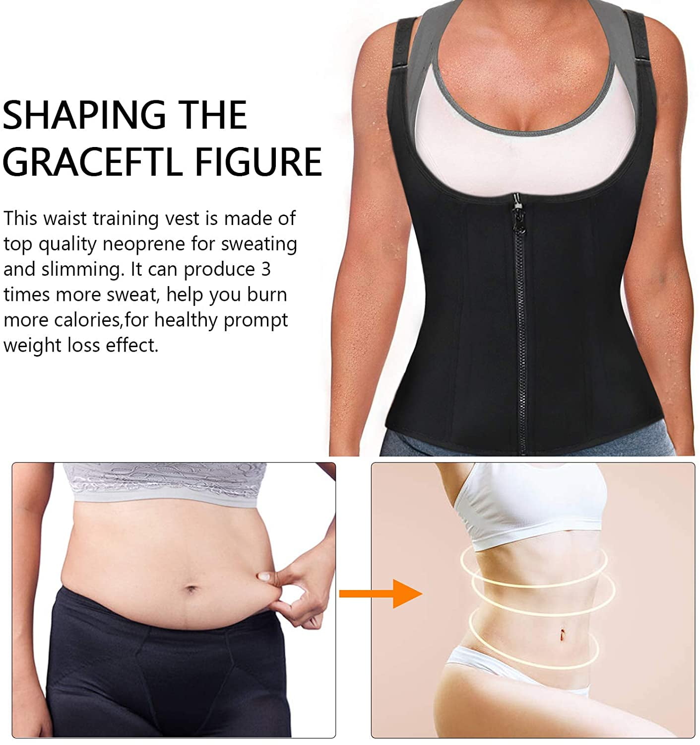 Vaslanda Sweat Waist Trainer for Women Neoprene Sauna Tank Top Zipper Vest Workout Sport Double Compression Girdle