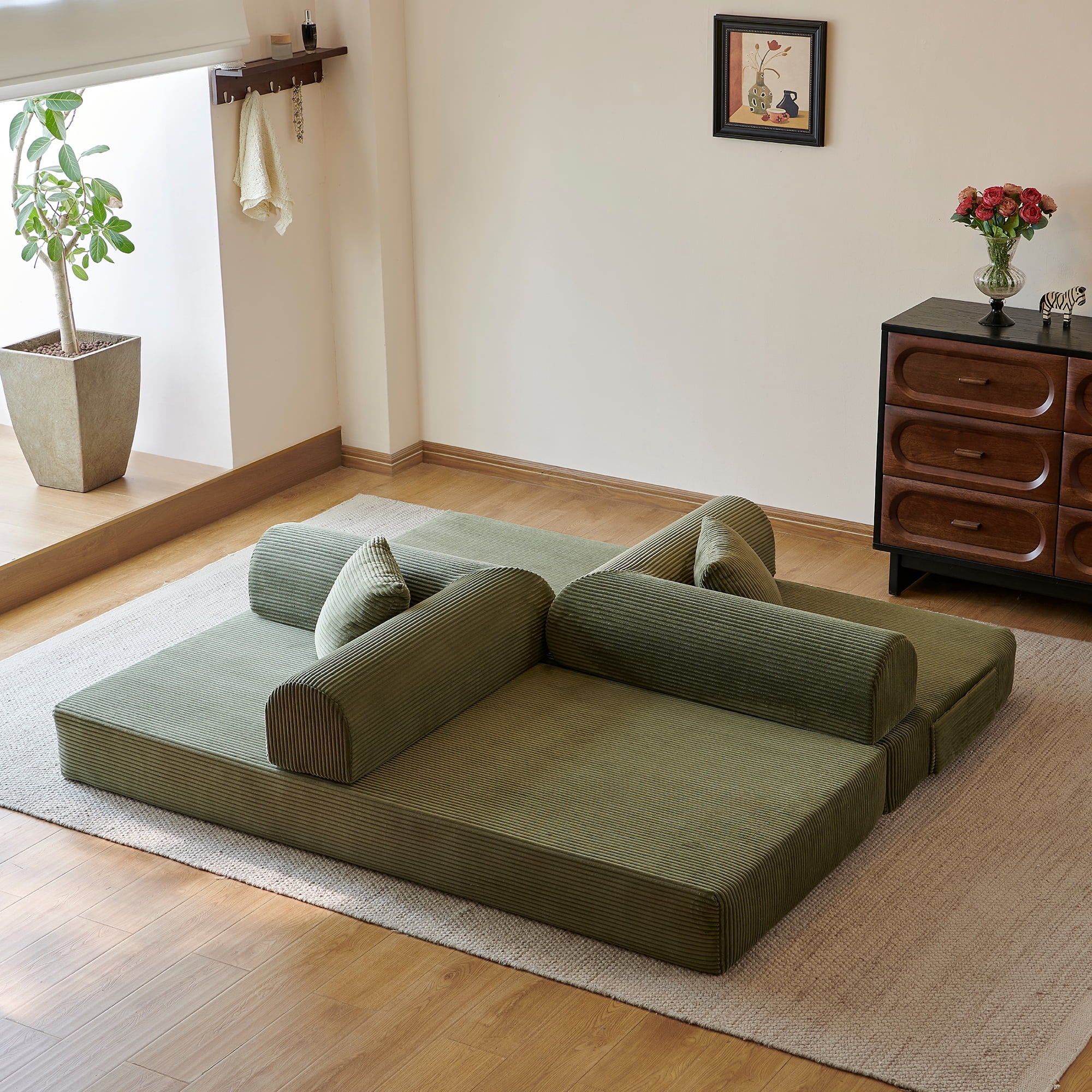 Howcool 79" Boneless Sleeper Sofa Bed, 2-in-1 Pull Out Convertible Loveseat Couch with 2 Throw Pillows, Corduroy Futon Floor Sofa for Living Room, No Assembly Required, Green