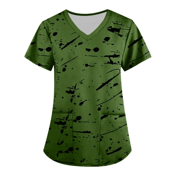 Odeerbi Summer Scrub Tops for Women 2025 Fashion Short Sleeve V-Neck Working Uniform Printing Blouse with Pocket Green