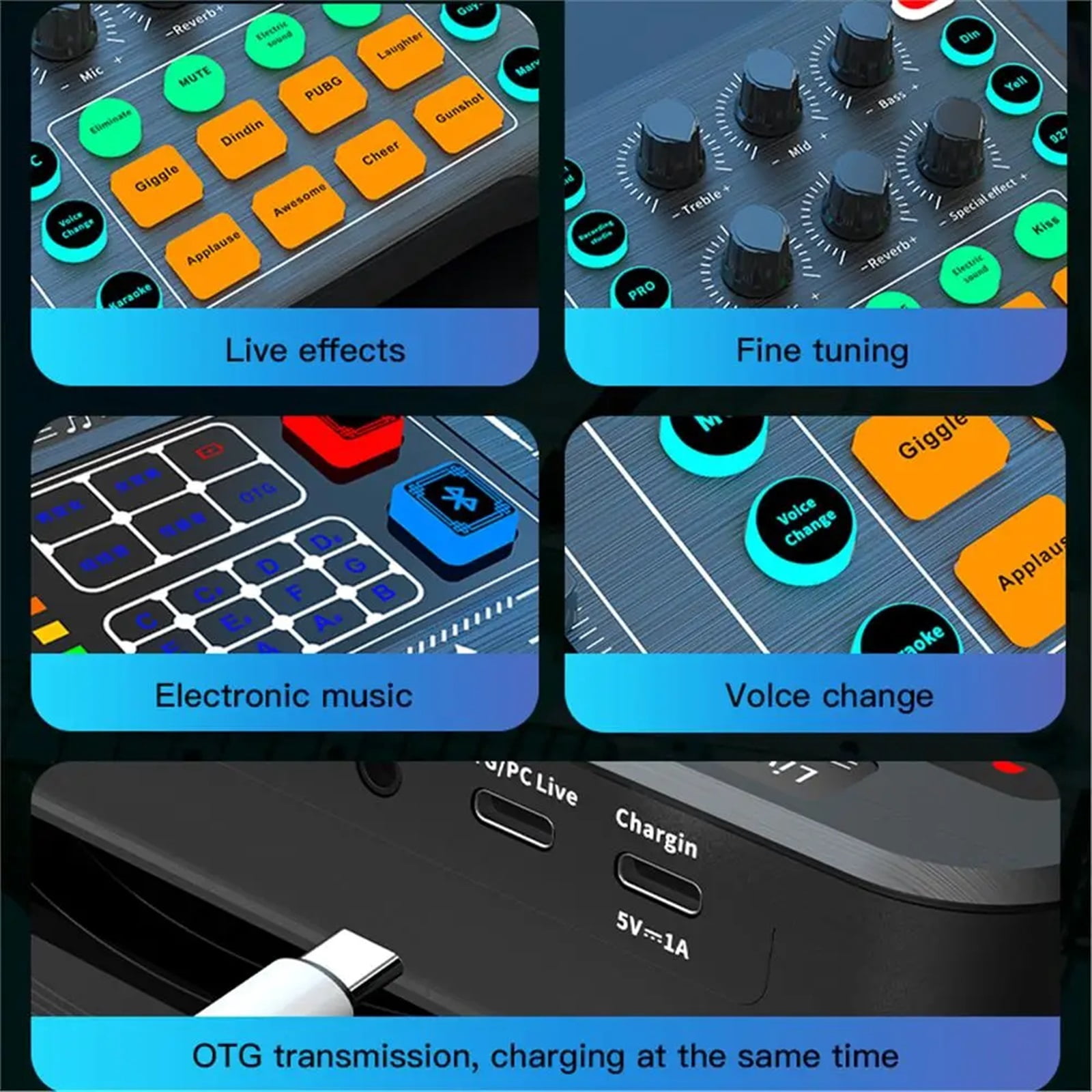 Au-dio Mixer M6 Sound Card Voice Changer Device External Table for USB Headset Mic Mobile Computer PC Live Broadcast Game Music ,Easy to Operate