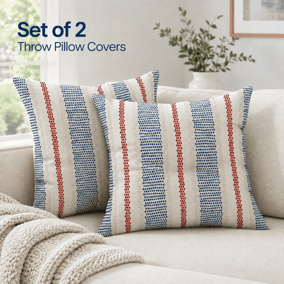 MORAVE 2 Pack 18x18 Inch Linen Pillow Covers, Polka Dot Striped Outdoor Throw Cases for Farmhouse Sofa Bed Decor