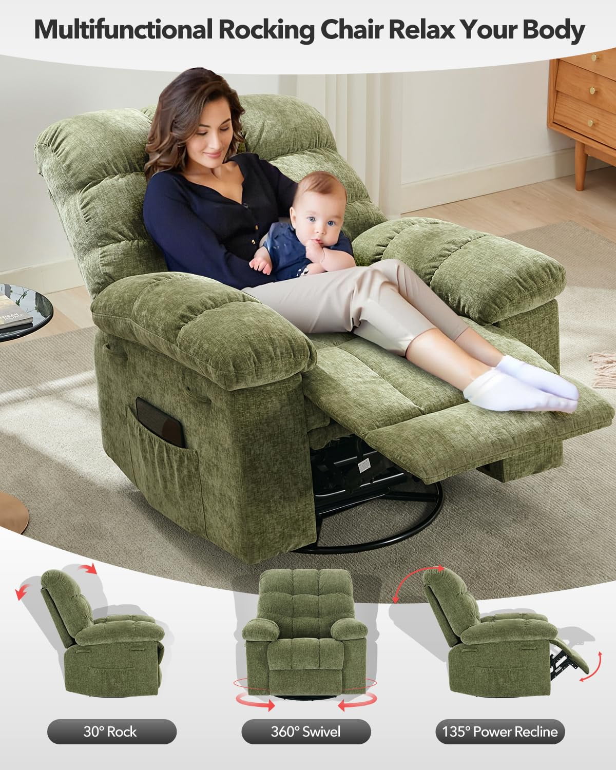 Swivel Rocking Recliner Chair, 360° Swivel 135° Tilt Glider Nursery Chair with Extra Large Footrest, Chenille Upholstery Q235 Steel Frame High Back Deep Seat for Living Room Bedroom Small Spaces