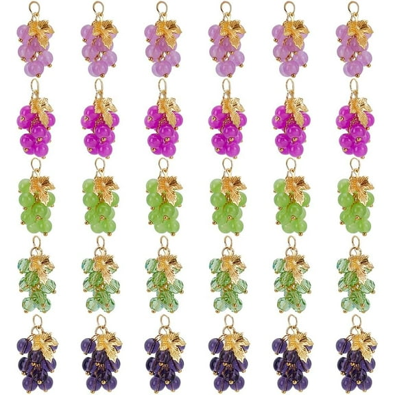 30 Pcs Glass Grape Pendant for Jewelry Making 5 Styles Grape Charms with Golden Ment Leaf Charms 3D Imitation Food Charms for Jewellery Bracelet Necklace Keychain Crafts