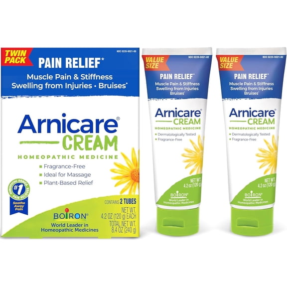 Boiron Arnicare Cream 4.2 oz (Twin Pack) for Joint Pain, Muscle Pain Relief, Swelling, Soreness, Stiffness, and Bruises - Fast Absorbing and Fragrance-Free Arnica