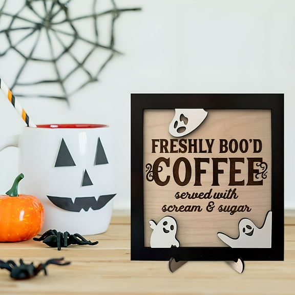 LAMIRO Halloween Ghost Decorations Freshly Boo’d Coffee Halloween Wooden Sign Decor–Funny Ghost Coffee Bar Sign with Stand–Cute Kitchen Countertop Decoration