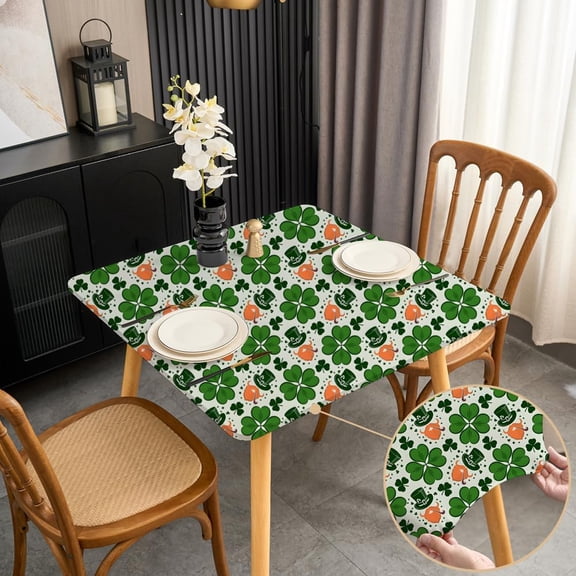 Spring 36" x 36" Inch Square Tablecloth with Elastic Green Stretchy Fitted Table Cloth Wrinkle Free Patio Folding Card Table Cover Non Slip Good Luck Clover