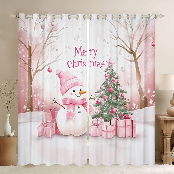 Feelyou Cute Pink Snowman Black Out Curtains for Kids, Dreamy Pine Tree Curtains Pack of 2 (42x63 Each), Cartoon Christmas Tree Bedroom Curtains, Living Room Curtains Decor