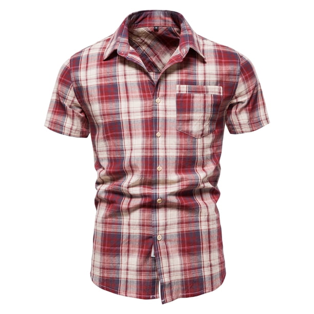 Txlixc Camisa de botón de manga corta con solapa a cuadros Txlixc moda