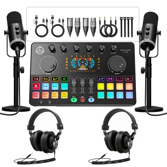 Kit de equipo para podcast Hayner-Seek con 2 micrófonos, audífonos y RGB