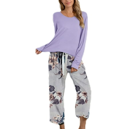 

Glookwis Women Tops And Pants Sleepwear Loose Lounge Set Baggy Two Pieces Outfits Pajamas Sets Pjs Crew Neck Loungewear Nightwear Purple XL