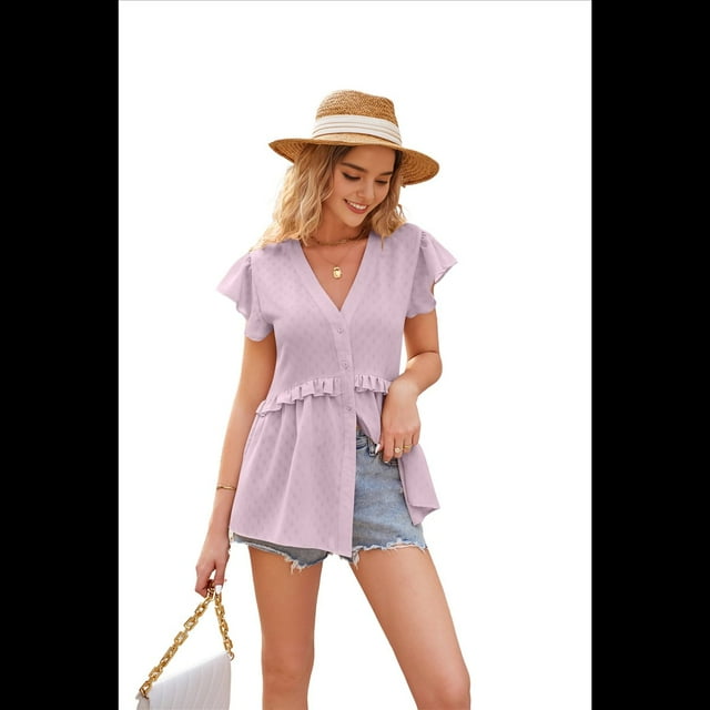 Blusa Informal de Corta con Cuello en V y Volantes para Mujer, Camisa de Botones para Oficina, Color , Talla XXL