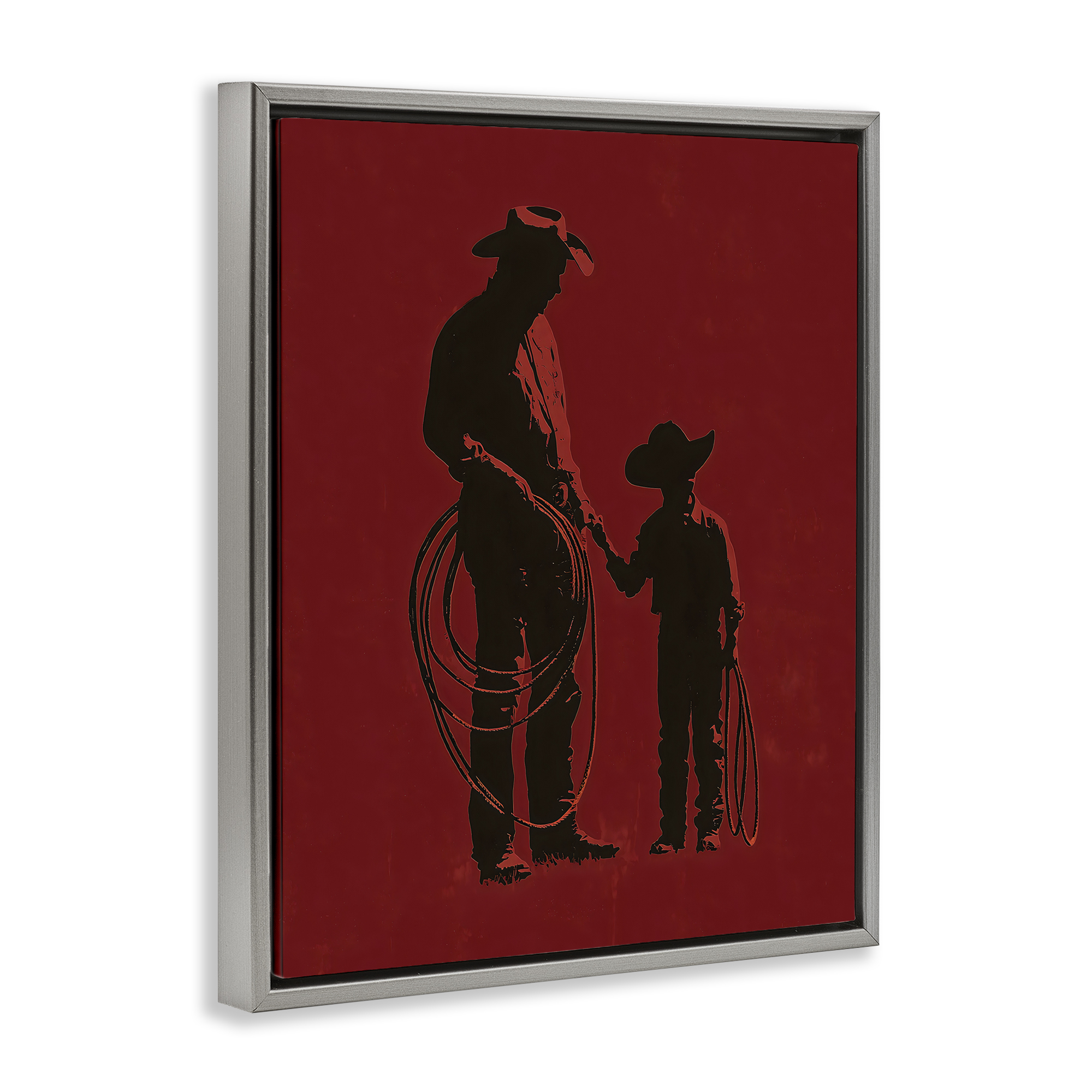 Burgundy Cowboy Father & Son Gray Framed Floater Canvas Wall Art, design by Arlington Prints